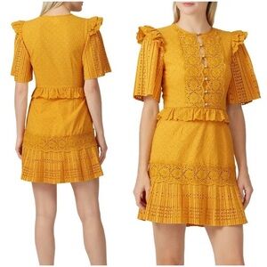 Saylor Layla 100% Cotton Eyelet Lace Mini Dress Ruffled in Mustard Color Size XS